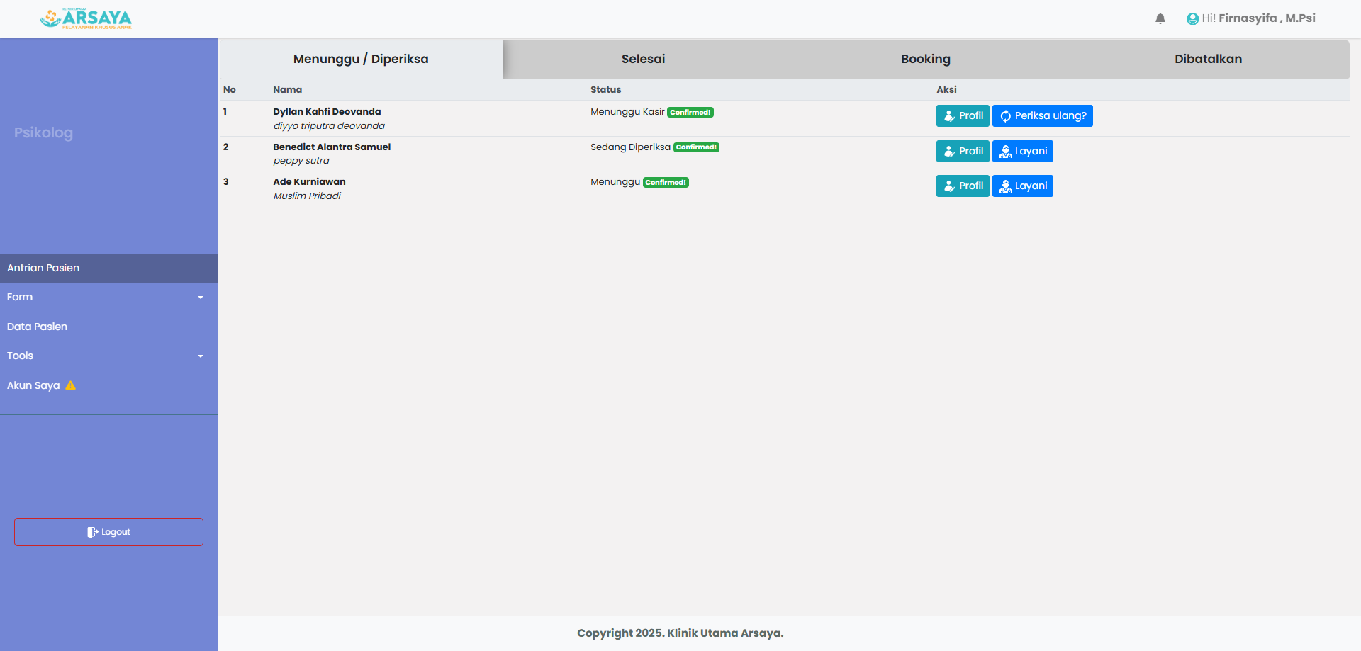 Psikolog Antrian Pasien